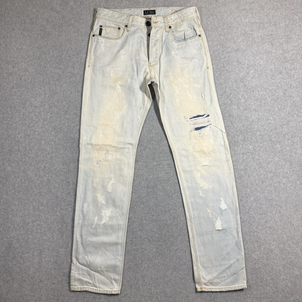Armani Jeans Men 31x33 Super Light Wash J04 Distressed Thrashed Patched Slim Fit
